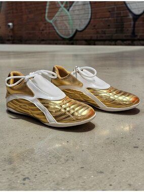 Gold & White Athletic Sneakers With Quilted Design & Lace-Up Closure